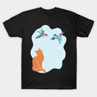 Camouflage Orange Cat Watching Birds Silhouette Art T-Shirt